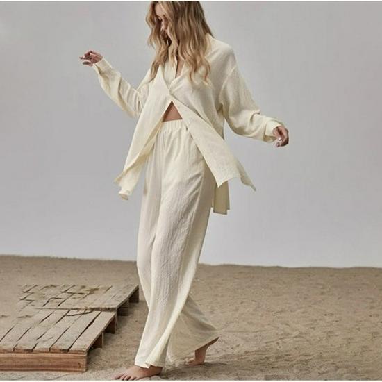 Women's Retro Two-Piece: Loose Shirt & High Waist Wide Leg Pants Suit