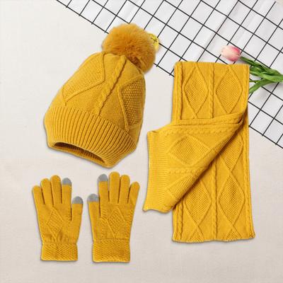 Yousheng 3-teiliges/Set Damen Wintermütze Schal Handschuhe Set Plüschball Dekor Rautenmuster Strickmütze Langer Schal Touchscreen Handschuhe Set