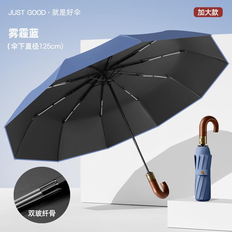 New 10-bone Automatic Oversized Umbrella Retro Umbrella Lettering Solid Wood Curved Handle Men's Dual-use