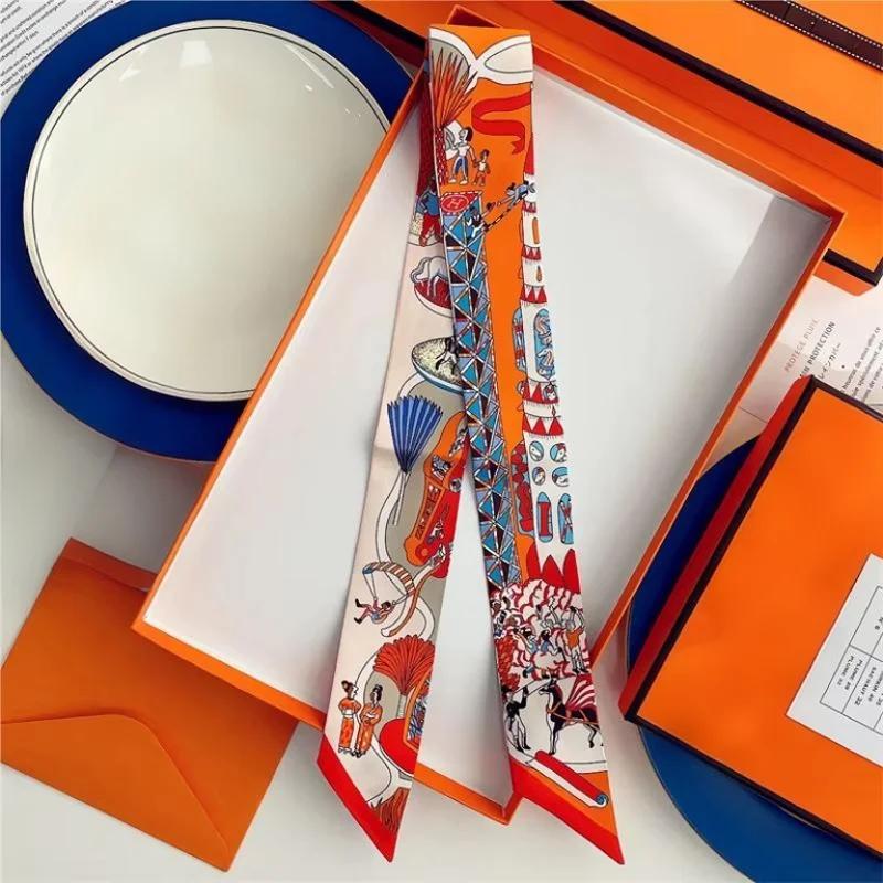 100% Silk High Quality Luxury Brand Goods Scarf Women Headband Foulard Tie Ribbon Neckerchief Skinny Scarves Hair Accessories