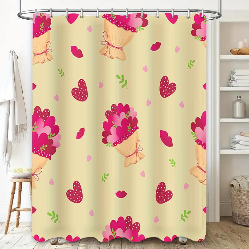 Vintage Floral Shower Curtain with Hearts Design for Bathroom Decor Pink Beige Pattern Home Decoration DIY Waterproof Hanging Cu