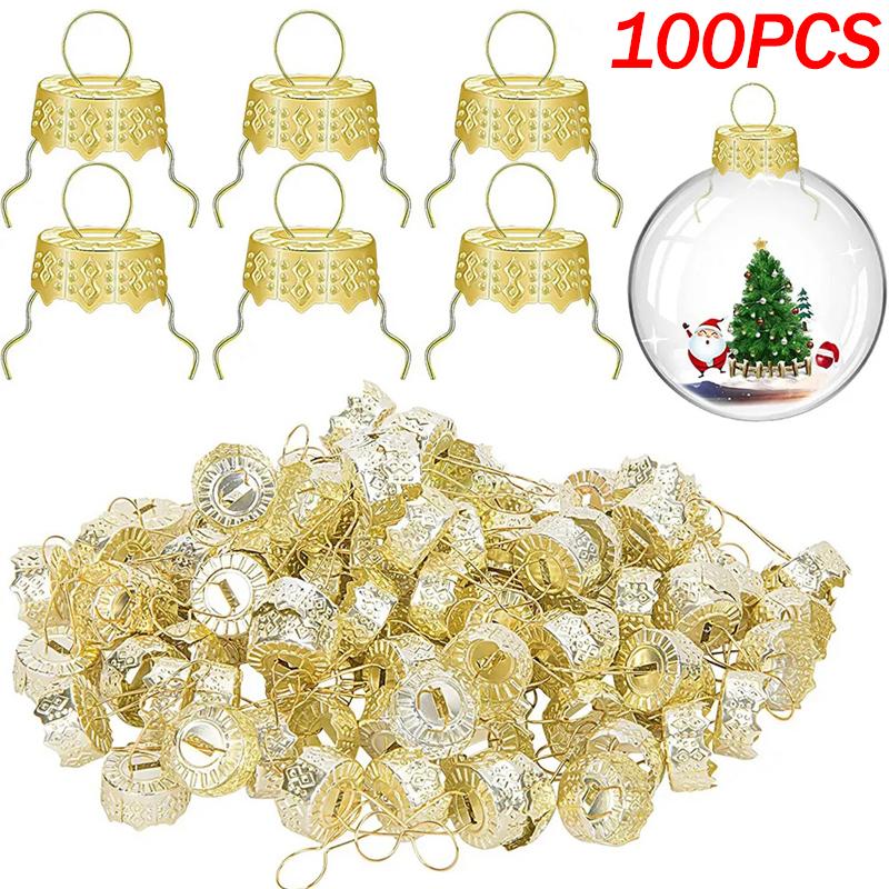

100/200pcs Round Christmas Ball Ornaments Caps Removable Metal Xmas Balls Hanging Caps Festive New Year Party DIY Decorations