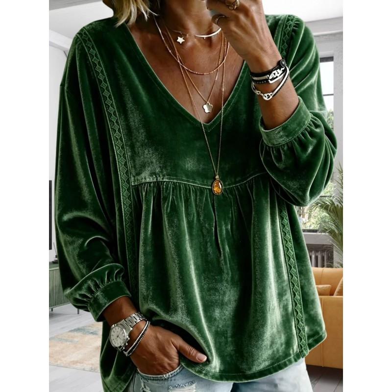 Womens V-Neck Velvet Loose Long Sleeve Top - Soft Casual Shirt In Solid Colors 2026