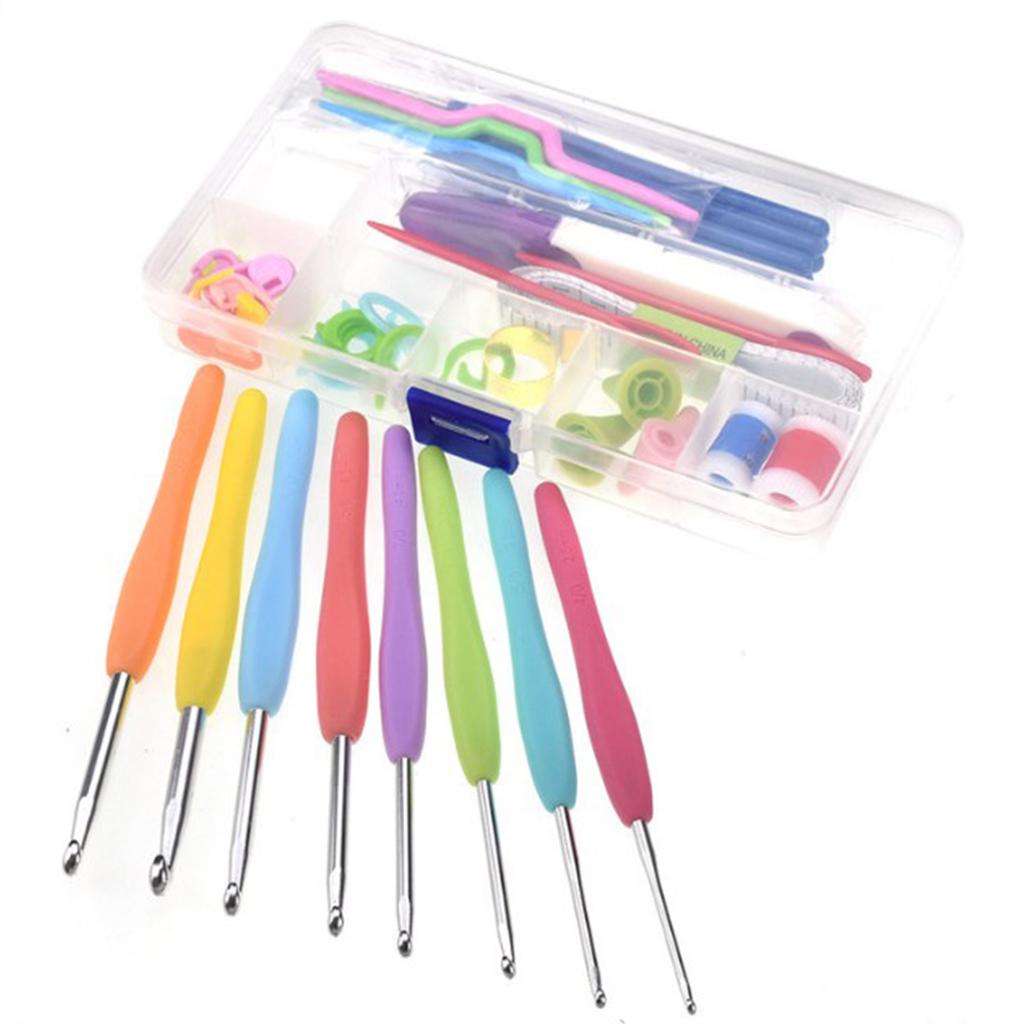 53pcs Crochet Hooks Set Rubber Handle Soft Comfortable Hand Knitting Crochet Needle Tools