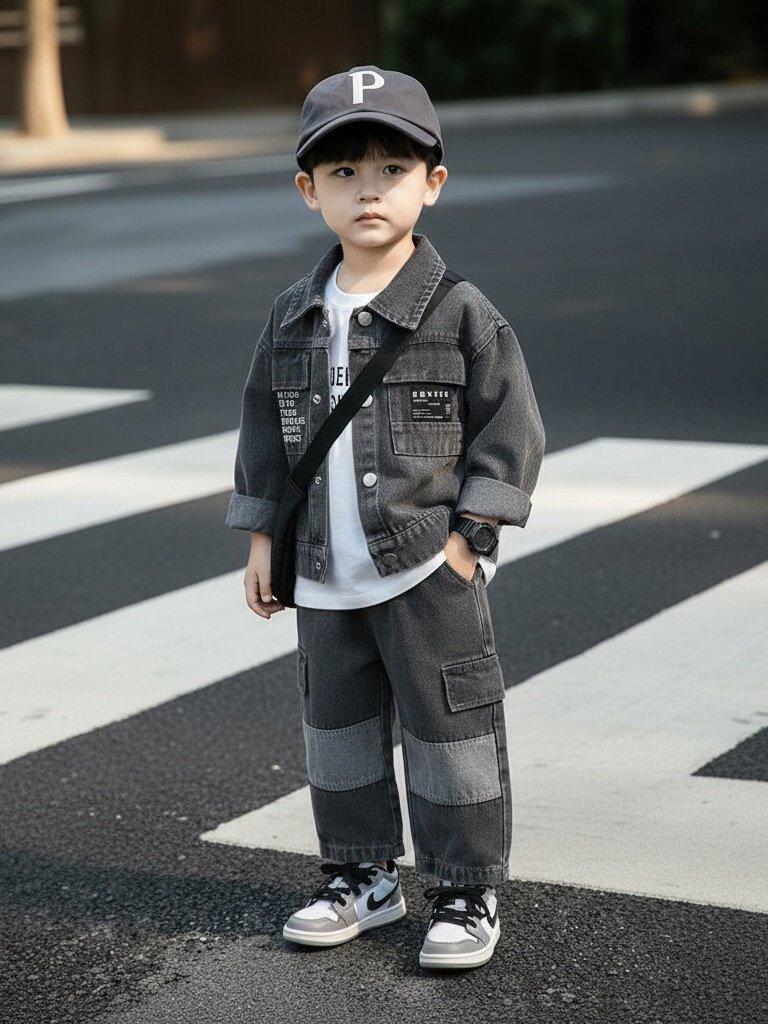 Set di tre pezzi alla moda in denim con cappuccio per bambini: Elegante Outfit Primavera/Autunno per Neonati Maschi 2026