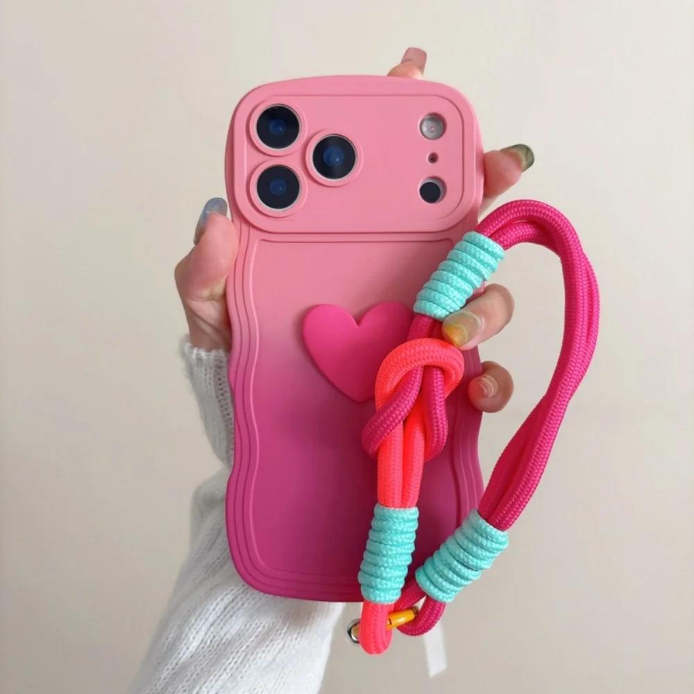 Gradient Color Wave Wrist Strap Case for IPhone 17 Pro Max Air 16 14 15 Plus 12 13 11 X XR XS Lanyard Love Heart Soft TPU Cover