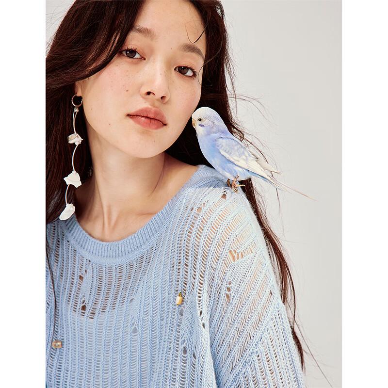 INMAN French Hollow-Out Soft Round Neck Knit Pullover Sweater