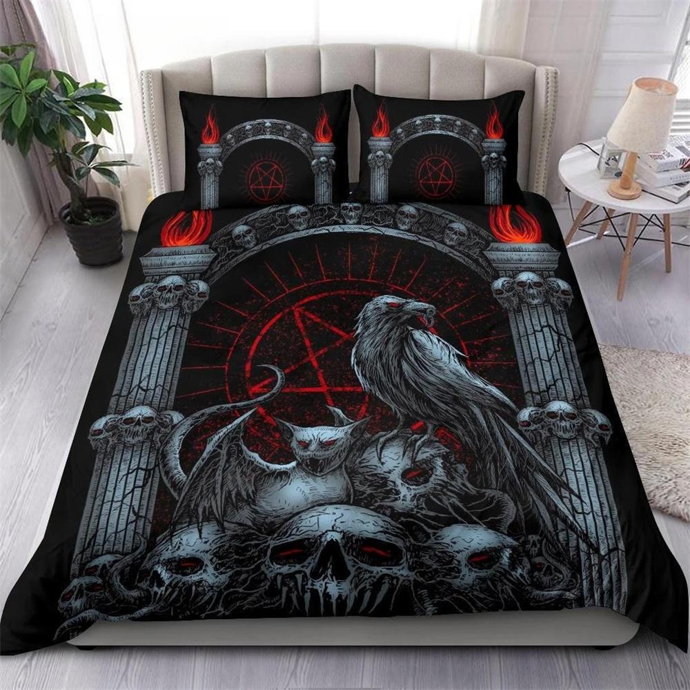 Skull Skeleton Satanic Goat Skull Duvet Cover Set Trophy Demon Breed Bedding Sets Night Blue Pink Satanic Baphomet Quilt Cover