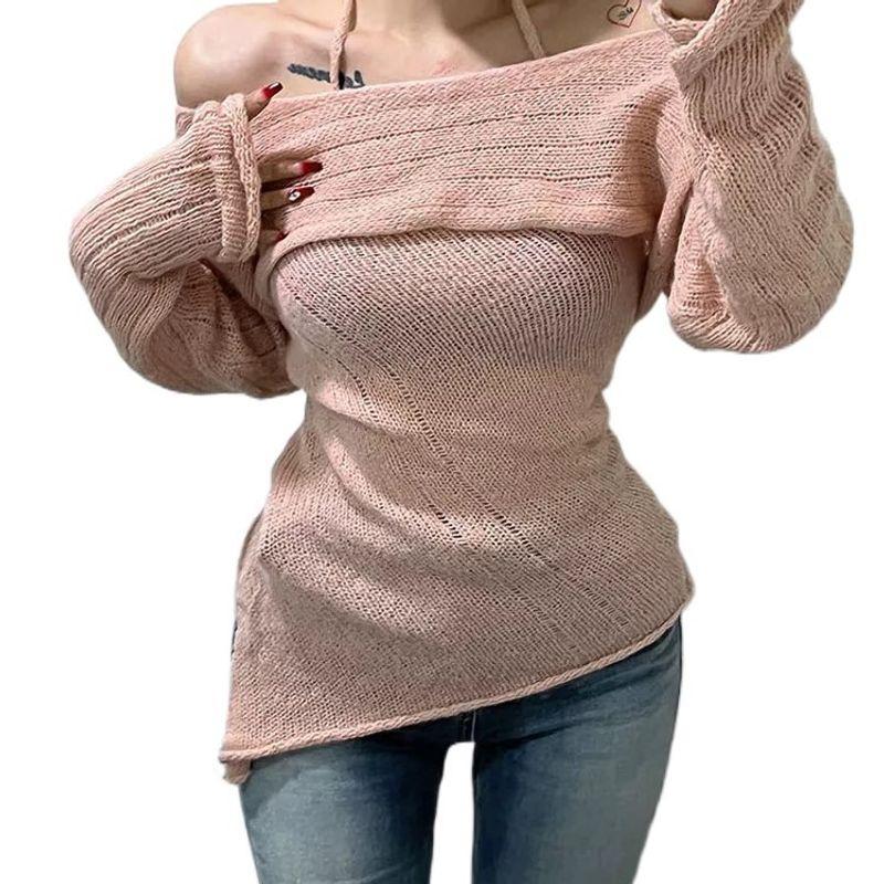 2024 Summer New Arrival Fashion Wind Sexy off-the-Shoulder Long Sleeves Tops Halter Spaghetti Straps Asymmetrical Knitwear