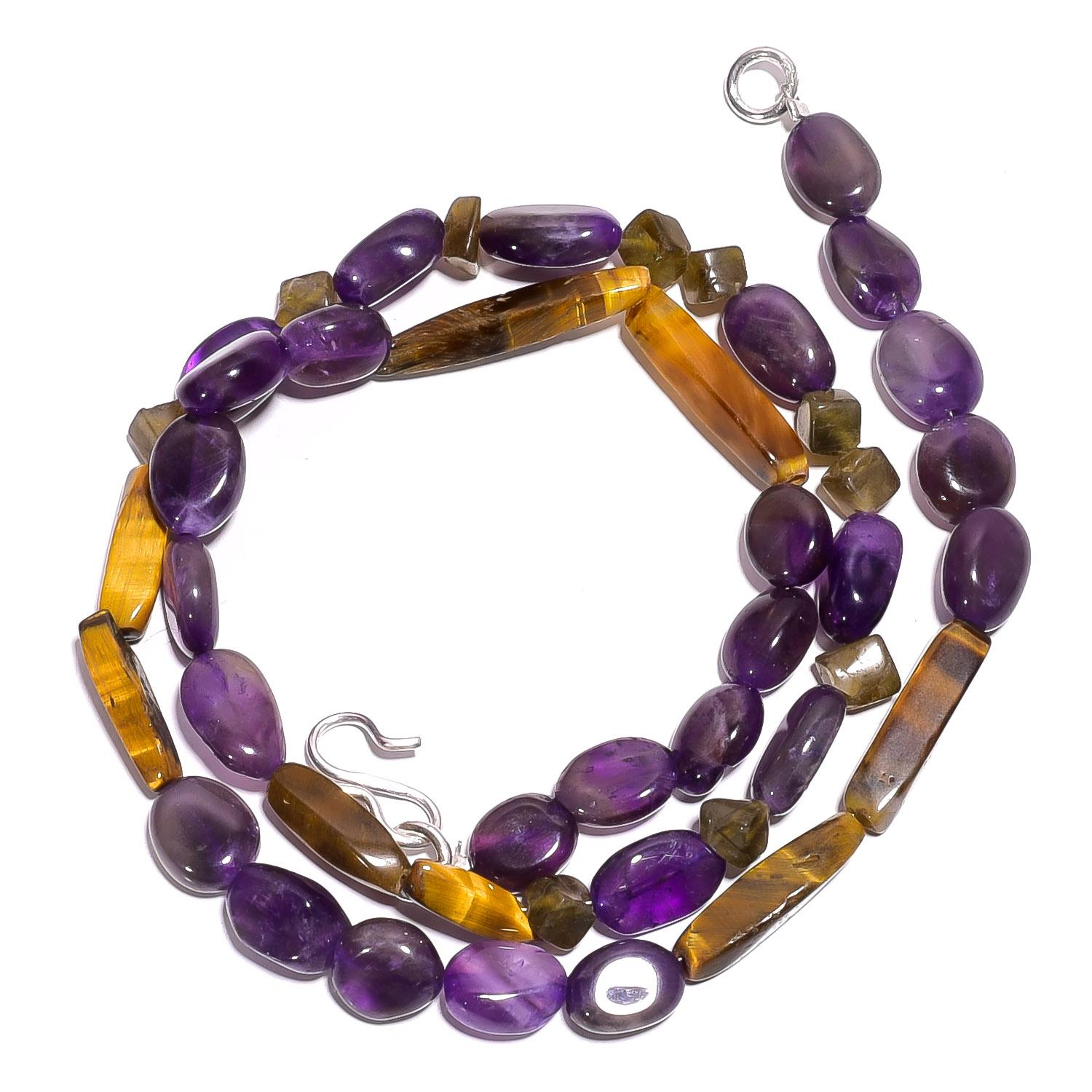 

Natural Amethyst Tiger Eye Labradorite Gemstone Smooth Beads Necklace 17 UB5025 UB-5025