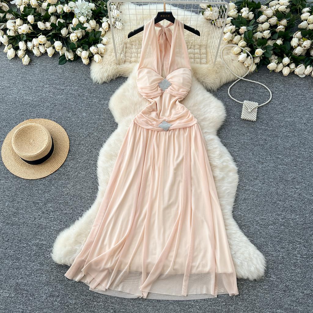 Summer Women Sexy Deep V-neck Halter Open Back Long Maxi Chiffon Holiday Beach Dresses