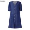 ZANZEA Women Casual V-Neck Loose Summer Short Sleeve Dress
