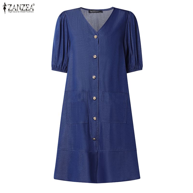 ZANZEA Women Casual V-Neck Loose Summer Short Sleeve Dress