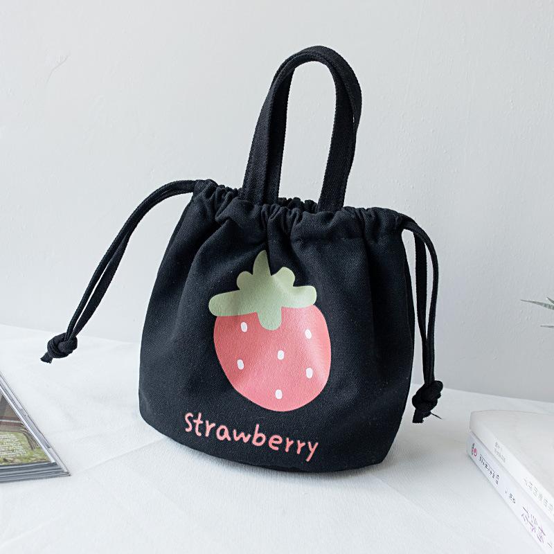 Mini Canvas Drawstring Lunch Bag Handbag Female Cartoon Strawberry Storage Bag Lunch Box Small Cloth Bag Women Tote Food Bags