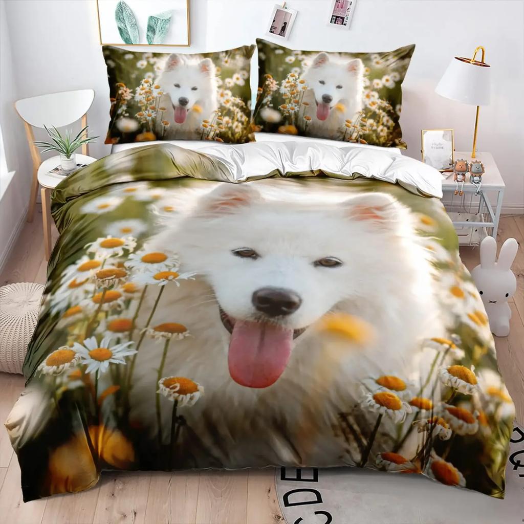 Samojedhund Påslakan King Queen Size Härligt Leende Husdjur Valp Sängkläder Set Vuxna Kvinnor Söt Vit Djur Polyester Täcke