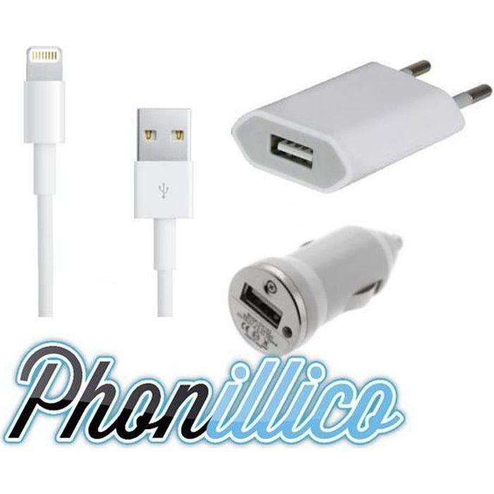 Pack 3 en 1 - PHONILLICO - iPhone 6 - Chargeur Voiture - Chargeur Secteur - Câble USB
