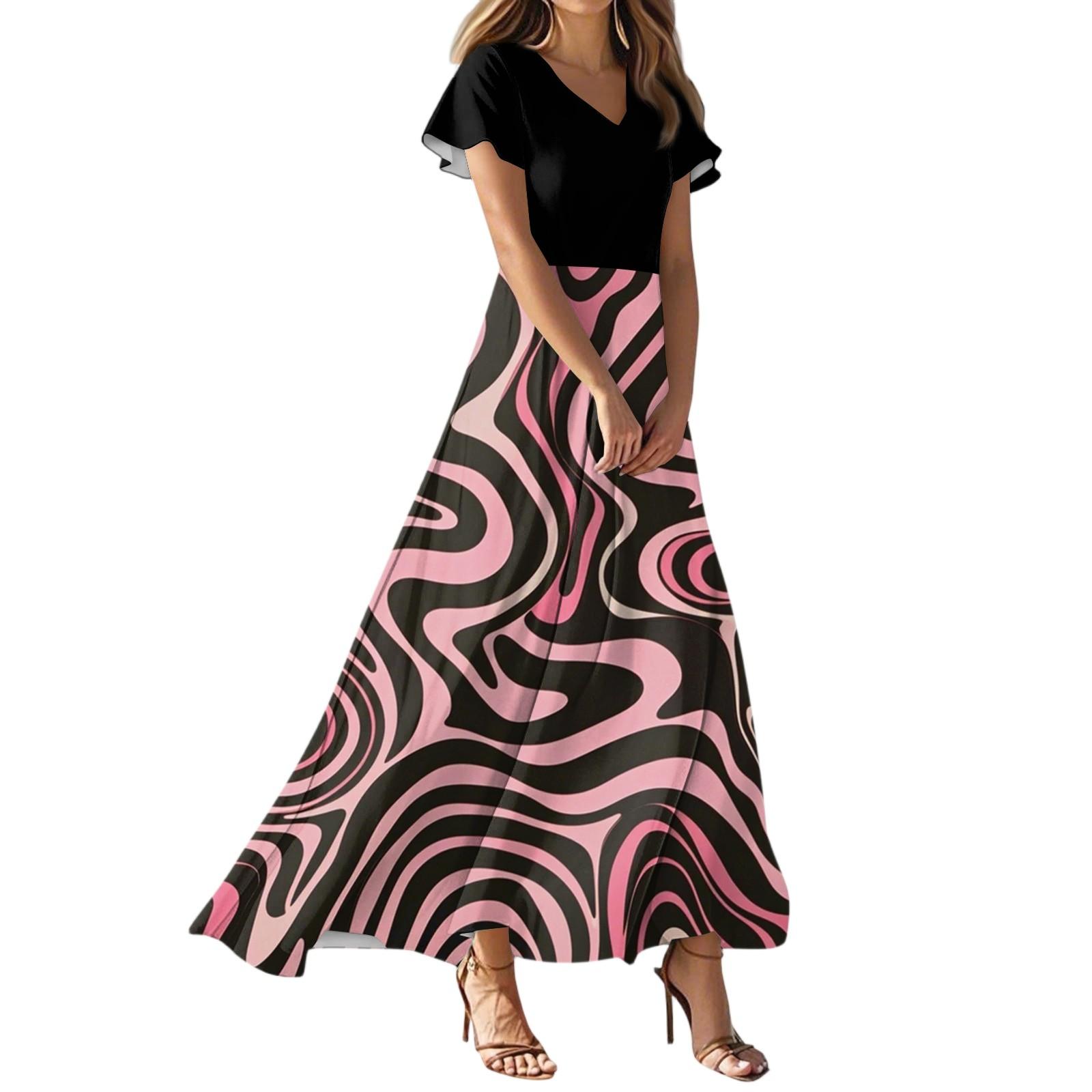 

Женское летнее повседневное модное полосатое принтованное платье с V-образным вырезом и коротким рукавом XS