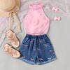 Children's Fashion Set: Summer Girls' Pink Floral Tank Top + Vintage-Style Jeans Two-Piece Set