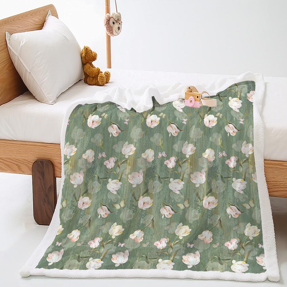 2D Digital Printed Cover Blanket Elegant Vintage Floral Thickened Lamb Fleece Crystal Plush Blanket
