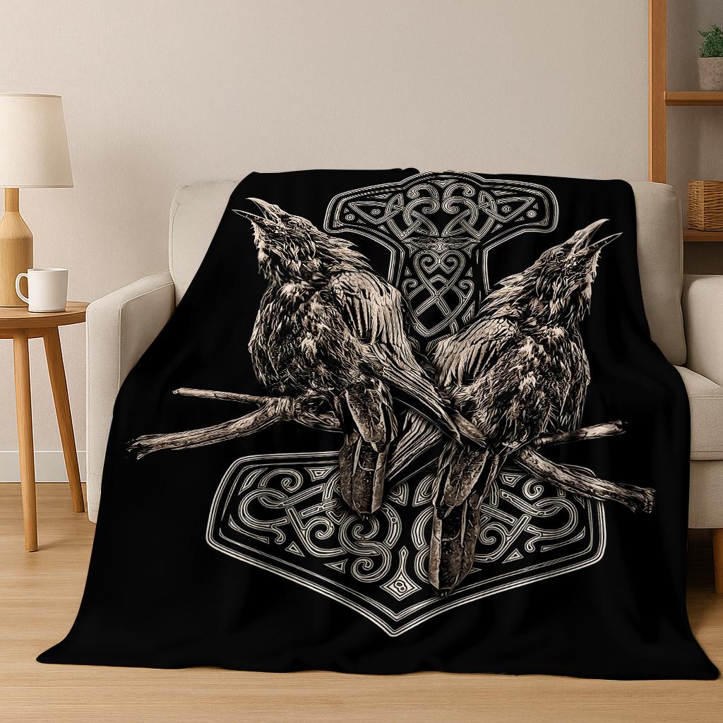 Viking Crow Raven Norse Mythology Skull Rune Flannel Blanket Soft Warm Blanket for Bedroom Room Office Travel Camping Picnic