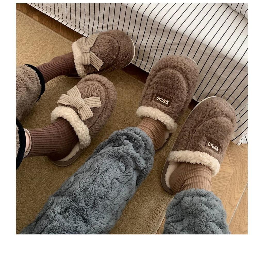 Winter women's velvet cotton slippers wear flat-bottomed couple's non-slip bow decorative wool slippers