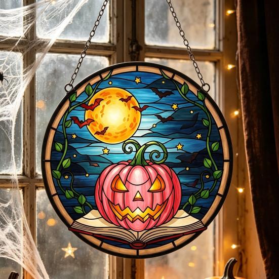 Stained Glass Style Acrylic Suncatchers Halloween Pumpkin Suncatcher, Round Window Hanging Ornament, Mysterious Holiday Theme Wall Displays Full Moon
