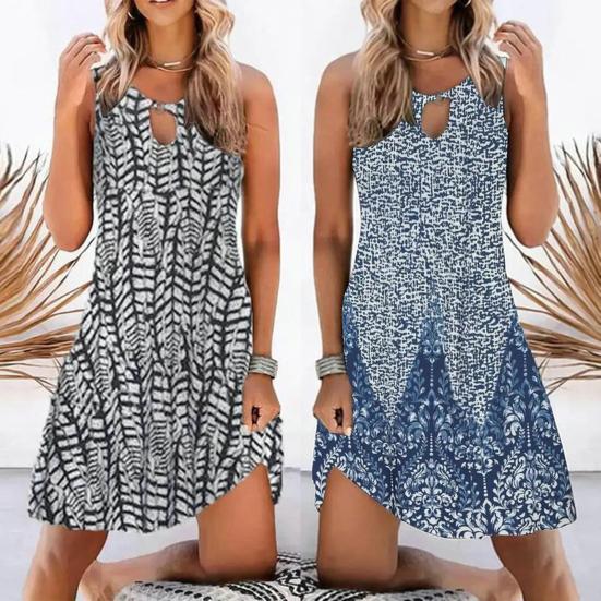 O-Neck Sleeveless Front Hollow Summer Dress A-Line Loose Hem Bohemia Retro Printing Women Mini Dress
