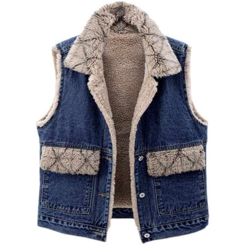 Ретро Синий Овечья Шерсть Плюс Бархат Толстый Джинсовый Жилет Жилет Женский Зимний Повседневный Без Рукавов Куртка Жилет XS