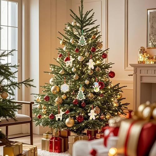 PIujsym Christmas Cross Stitch Kit for Kids - 12 Wooden Ornaments Embroidery Set with Thread, Needles & Ribbons, Creative DIY Craft Sewing Kit