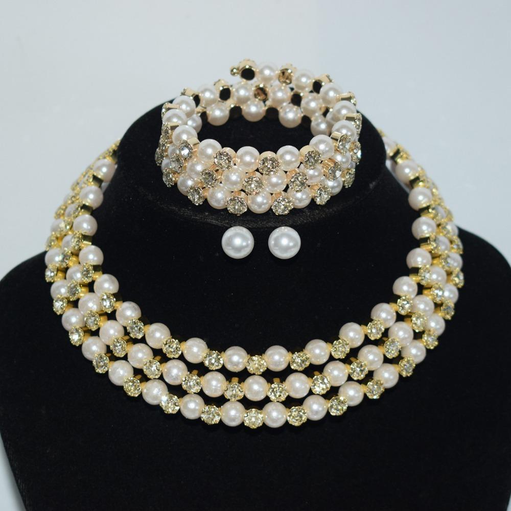 Bridal Wedding Pearl Rhinestone Bundle Neck Chain Collar Bracelet Stud Earrings Three-piece Amazon Claw Chain Set