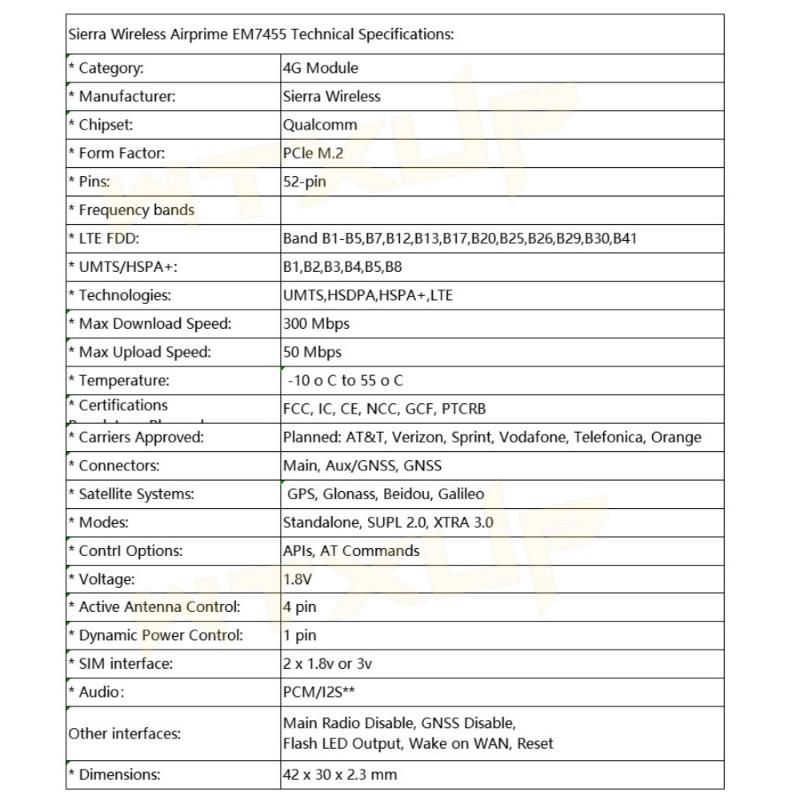 1 Conjunto Cartão 4G 300Mbps WWAN Sem Fio Em7455 1103582 Módulo 4G FDD/TDD LTE Cat6 NGFF M.2 para Laptop e Roteador 4G