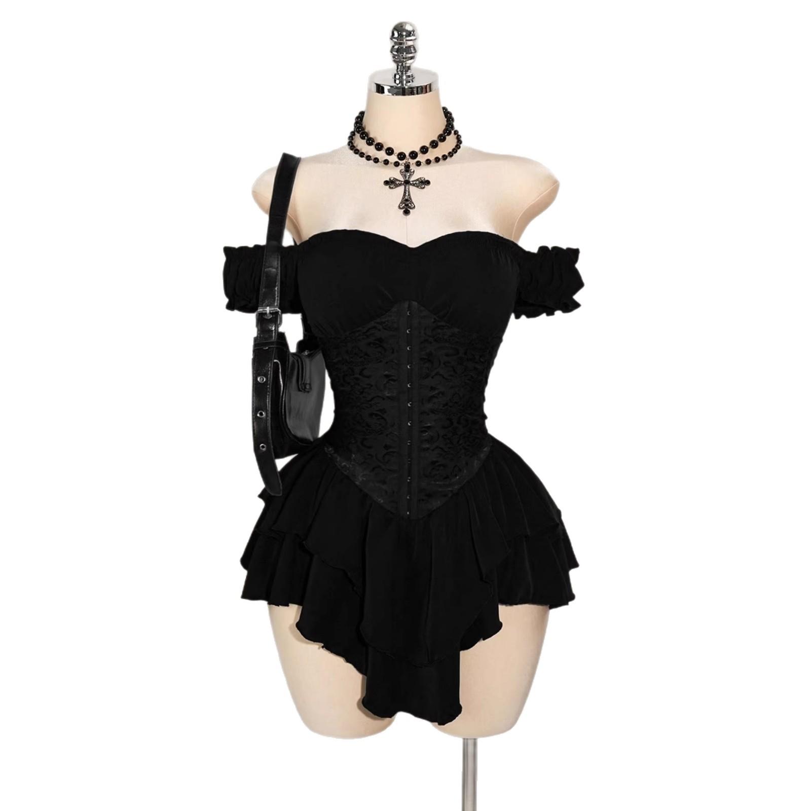 

Red Off Shoulder Corset Lace Midi Dress with Asymmetrical Skirt XXS чёрный
