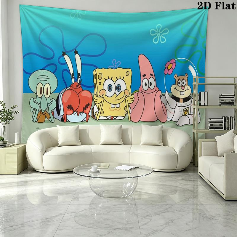 Cartoon Spongebob Wall Tapestry Aesthetic Wall Hanging Printed Fabric Blanket Decorative Tapestries for Bedroom Living Room Home Decor
