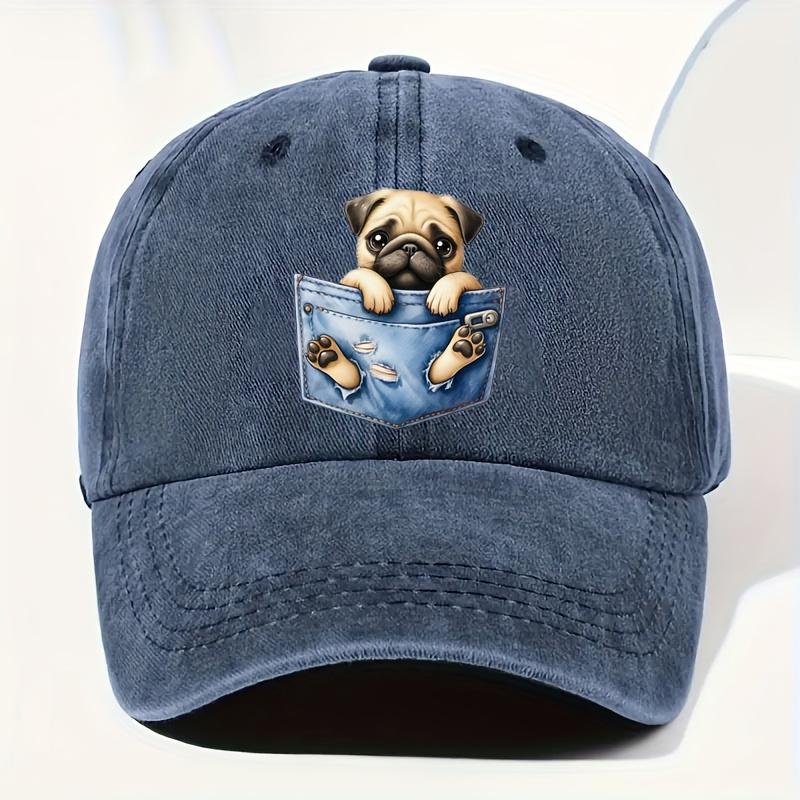 A Cute Dog Pattern Design Adjustable Vintage Washed Baseball Cap, Suitable for Street Outdoor Fashion for Both Men and Women