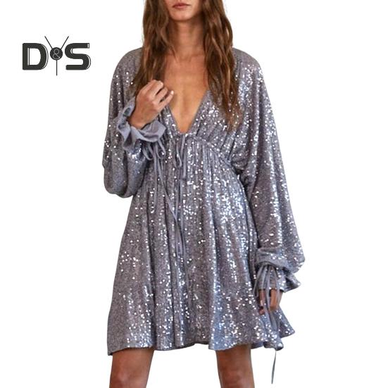 

Платье для вечеринки в женском клубе с глубоким V-образным вырезом, сверкающими пайетками, свободным однотонным цветным платьем с длинными рукавами, бантом, шнуровкой на бретелях, утягивающим мини-платьем L