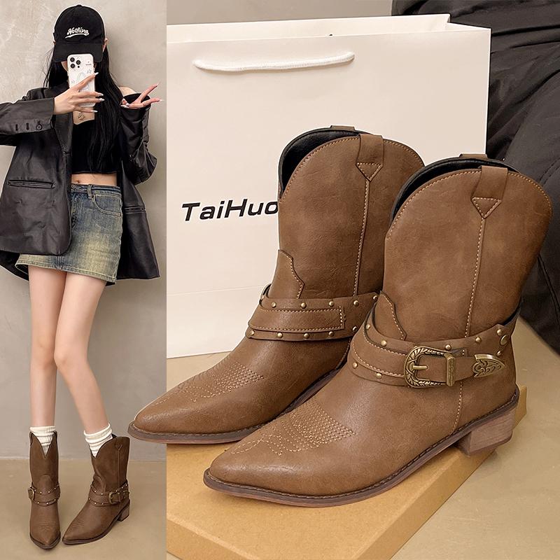 Fashion 2025 New Womens Mid-Calf Boots Retro Stacked Short Boots Luxury Casual Leather Boots for Women Fashion Western Knight Boot