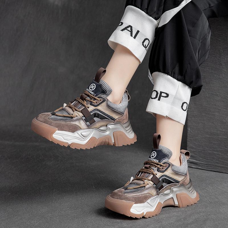 Fashion GKTINOO Women Genuine Leather Platform Sneakers Mixed Colors Round Toe Lace-Up Thick Sole Flats Ladies Shoes Handmade