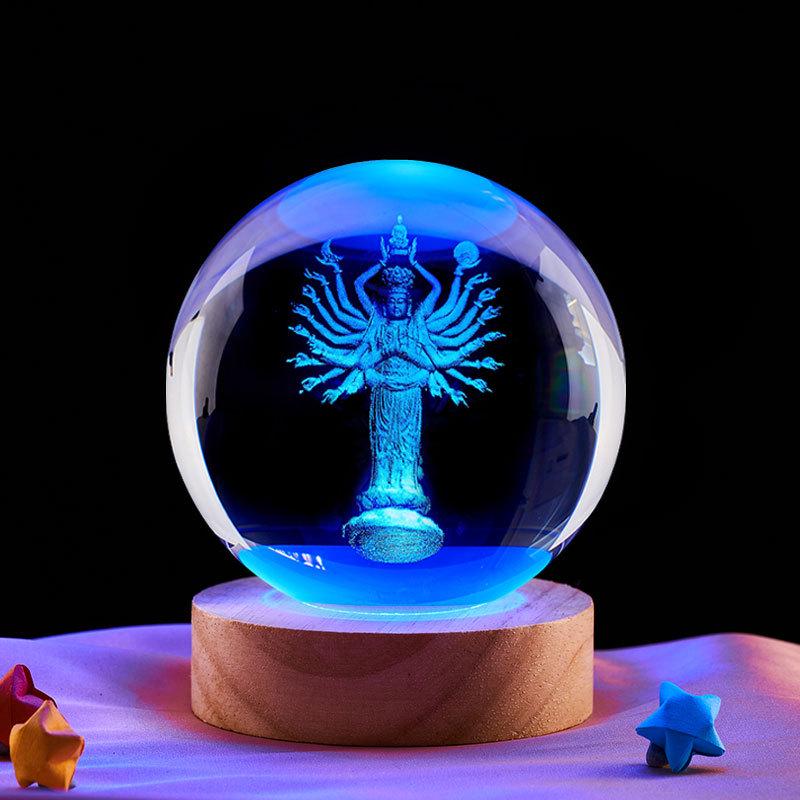 Thousand-Armed Guanyin 3D Laser Engraved Crystal Ball Night Light – Ideal Gift for Classmates or Best Friends' Birthdays