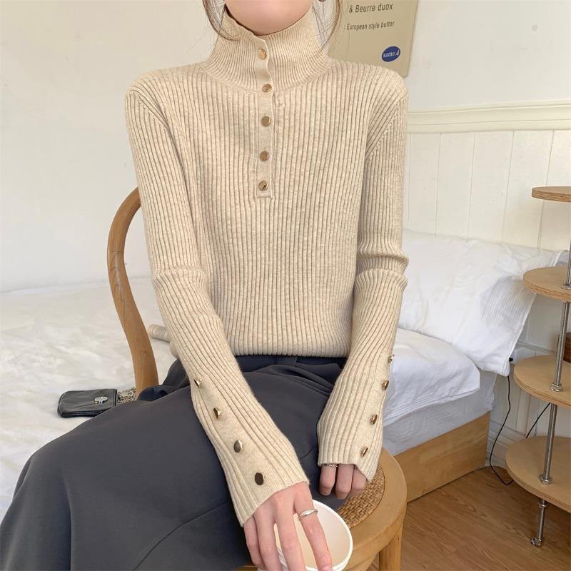 

Half-turtleneck pit strip long-sleeved knitted bottoming shirt women s autumn and winter design sense button-up sweater slim-fit top average size [recommended 80-60kg]