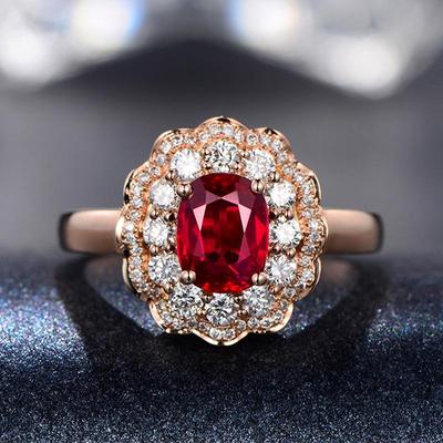 Flower-Shaped Pigeon Blood Ruby Ring with Full Diamond, Adjustable Rose Gold Plated Setting