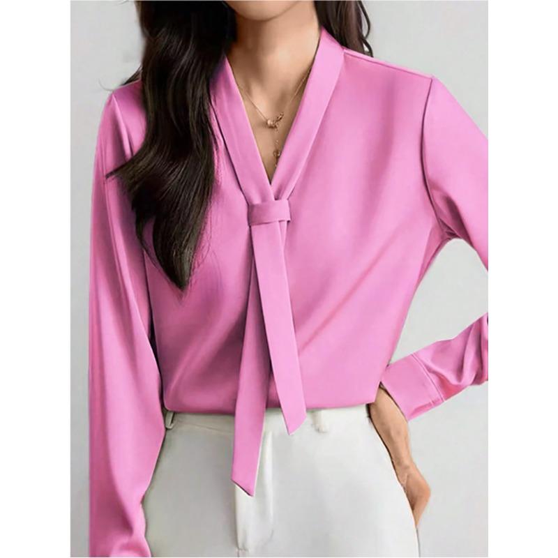

V-образный вырез модная атласная женская рубашка с длинными рукавами весна-лето элегантная свободная офисная блузка женская повседневная простая однотонная топы новая женская одежда XL розовый