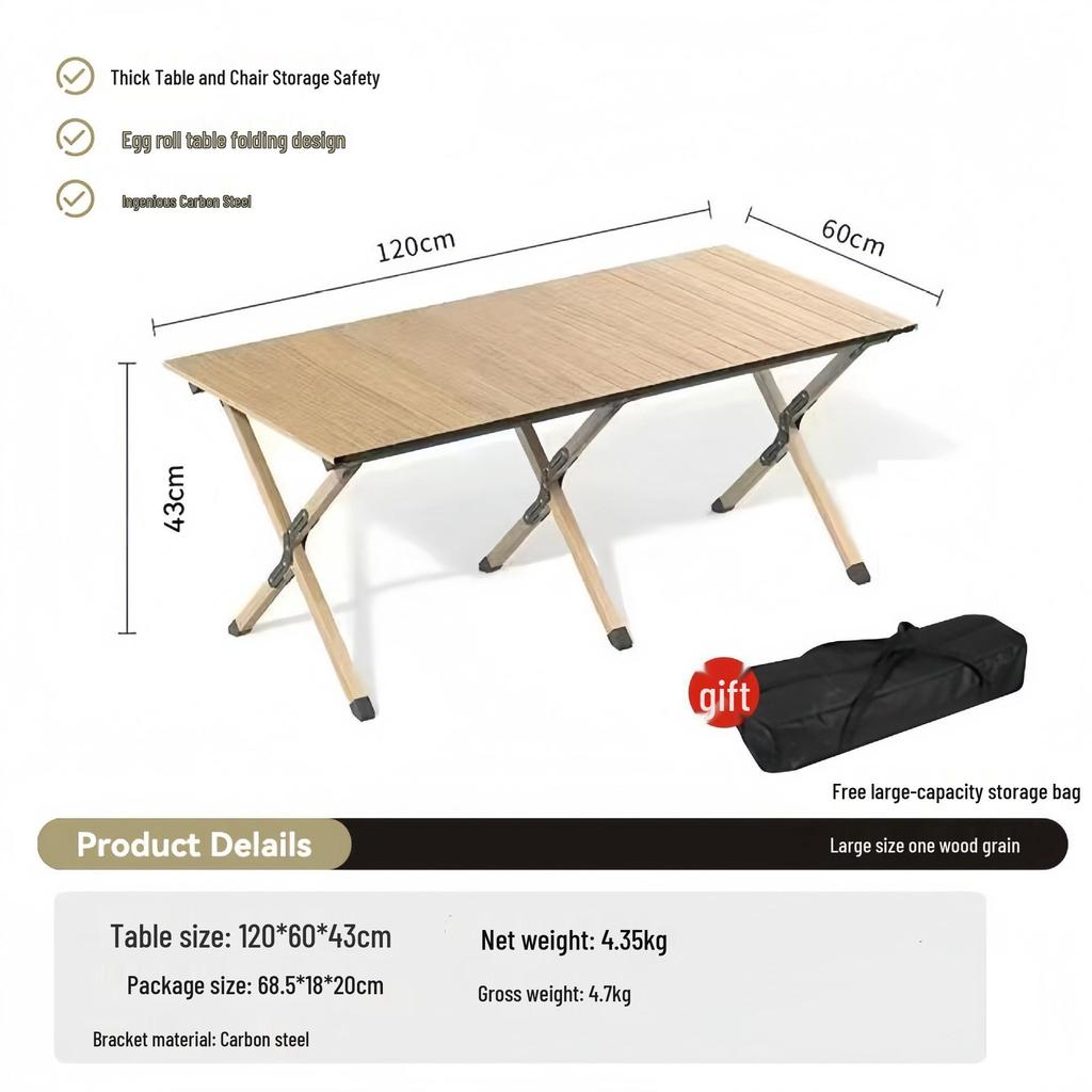 Portable Carbon Steel Roll-Up Camping Table - Foldable BBQ Picnic Dining Table with X-Shaped Legs