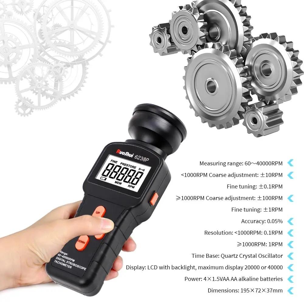 6238P Digital Stroboscope Tachometer LCD Non-Contact Flash Photoelectric Revolution Meter 60-40000 RPM Speedmeter Tester