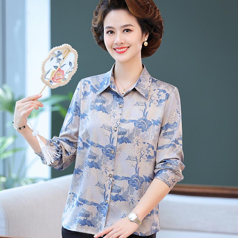 

Mom s Elegant Summer Mulberry Silk Long-Sleeved T-Shirt for Middle-Aged Women 5XL (150-165 lbs)