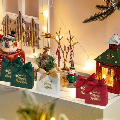 10 Pcs Ribbon Christmas Gift Boxes Festive 'Merry Christmas' Design Mini Candy Box Large Capacity Paper Gift Packaging Bags