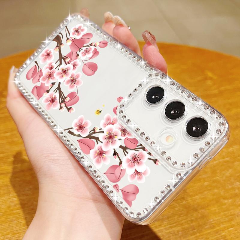 Husă Transparentă cu Cadru Diamant pentru Samsung S25 Edge S24 FE S23 Ultra S22 A56 A36 A16 A15 A55 A35 Model Floral Silicon Moale Antișoc Husă Bumper