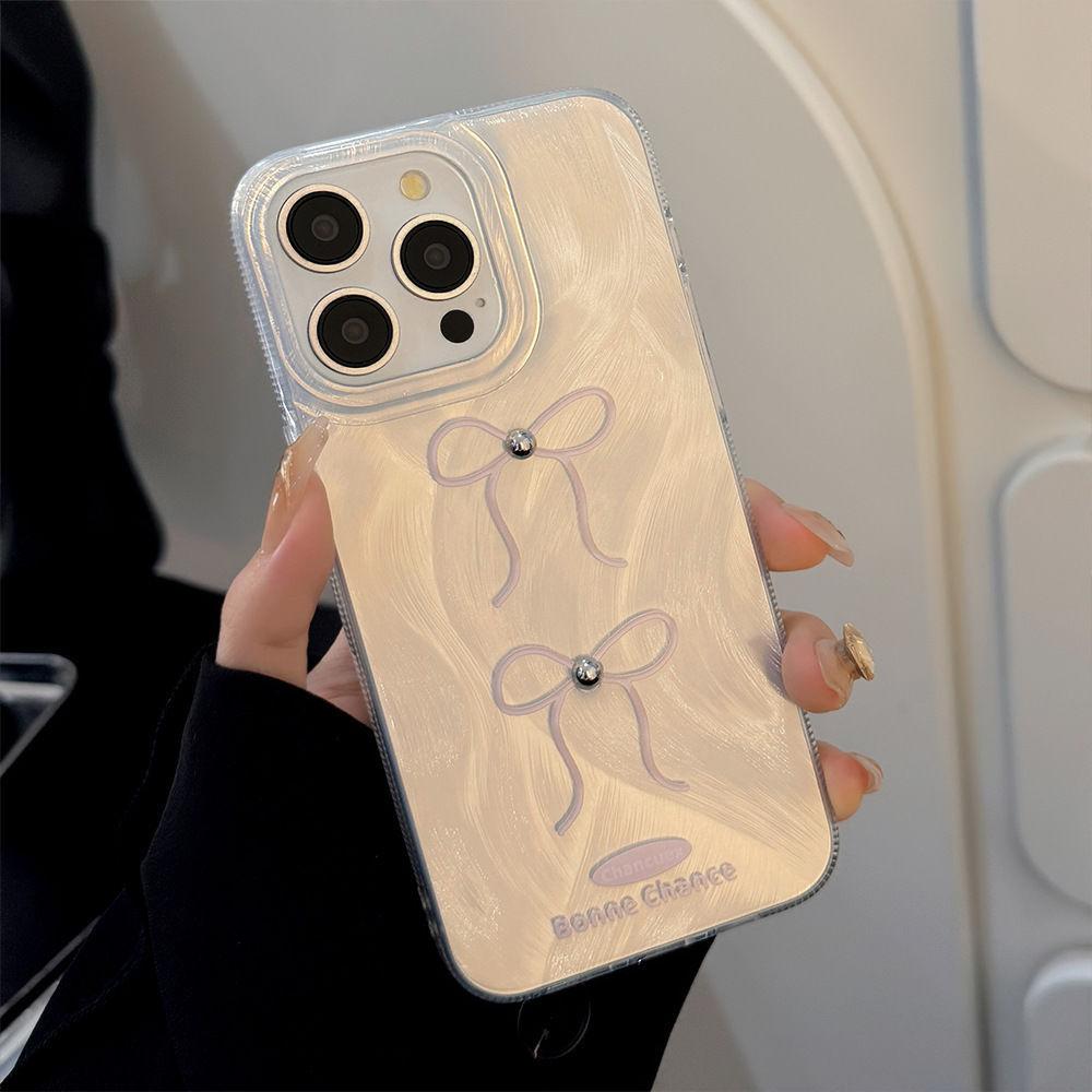 Electroplated silver bead bow is suitable for iPhone16promax Apple 14 laser mobile phone case 12/13 large hole 15.