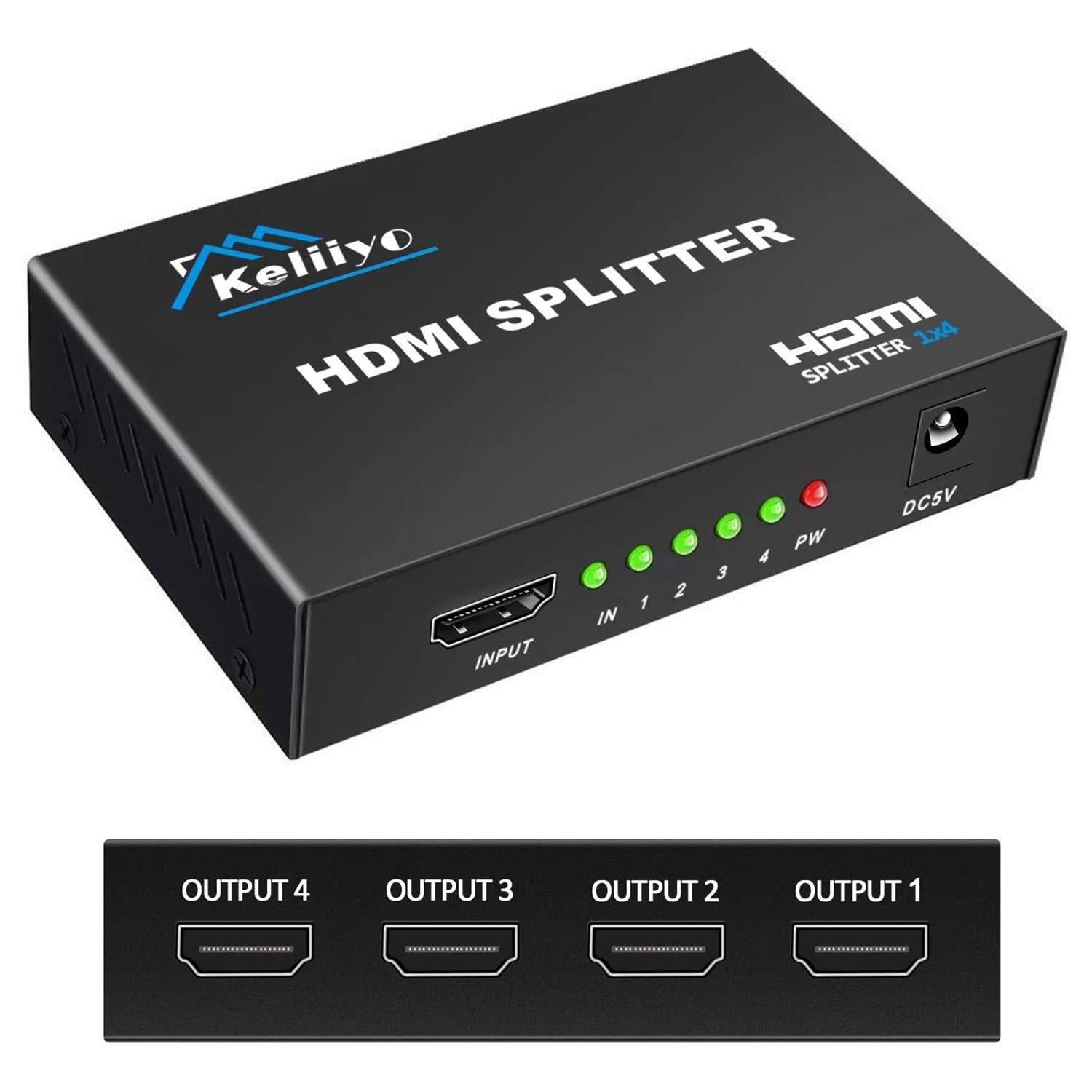 

KELIIYO HDMI Splitter Input 1 Output 4 Power Supply HDMI Video Splitter with AC Adapter Screen Monitor Mirroring Supports Ultra HD 1080P 2K 3D чорний