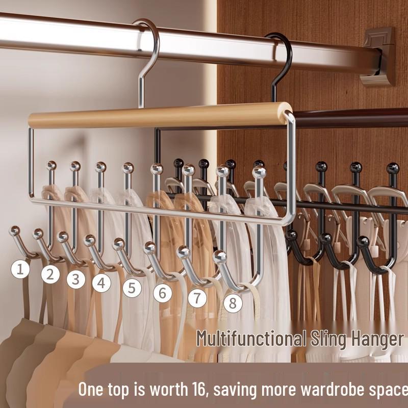 Solid Wood Multifunctional Strappy Vest Hanger with Multiple Hooks for Home and Dormitory Use