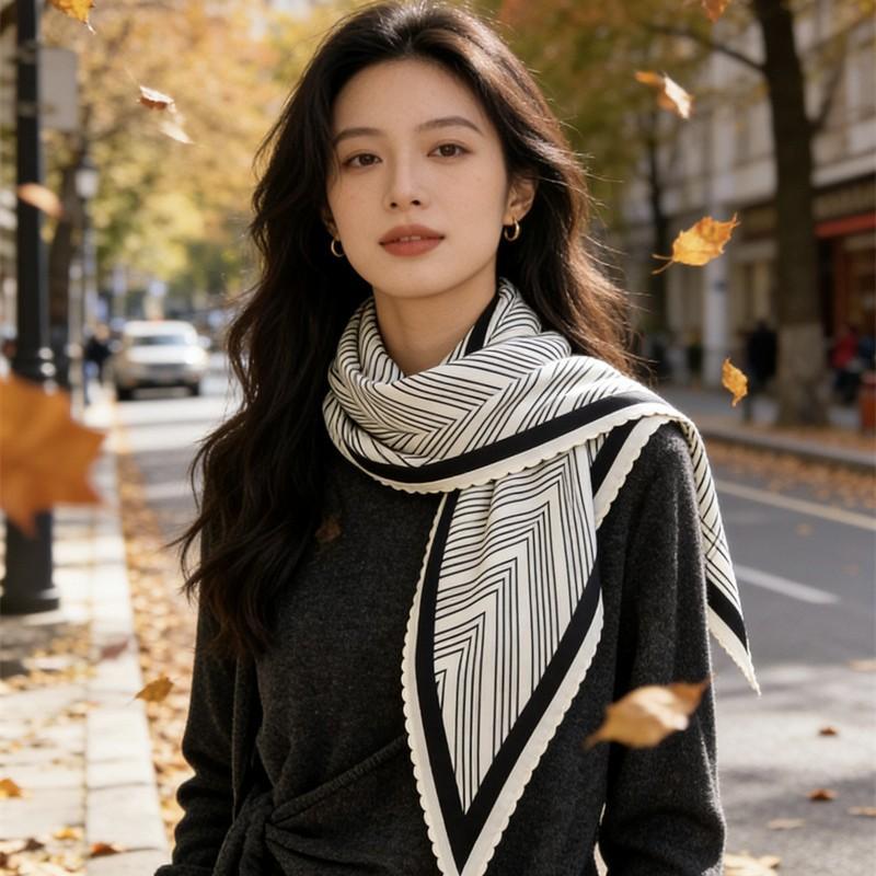 High-end silk scarf, fashionable and simple mulberry silk twill silk lace craft triangle scarf, versatile shawl scarf